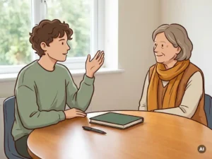 Jonge leraar in gesprek met een mentor aan een houten tafel, hand opgeheven in zelfverzekerd gebaar, notitieboek en pen ertussen, zonnig klaslokaal.