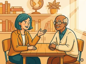 Jonge professional in gesprek met een mentor aan een tafel, boekenkasten op de achtergrond, warme illustratiestijl in amber, teal en crème.