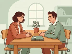 Mentor en ouder in gesprek aan een houten schooltafel, met een notitieboek en plant ertussen, in een rustige professionele sfeer.