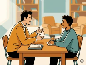 Mentor en student aan houten tafel in gesprek, met notitieboeken en koffie, warme sfeervolle coaching-omgeving.