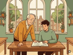 Mentor leunt aandachtig naar student aan houten bureau met open notitieboek in licht Nederlandse klas.