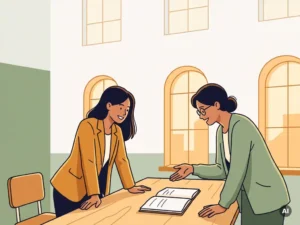 Jonge professional in gesprek met een leraar aan een klaslokaalstafel, open notitieboek ertussen, warm middaglicht door hoge ramen.